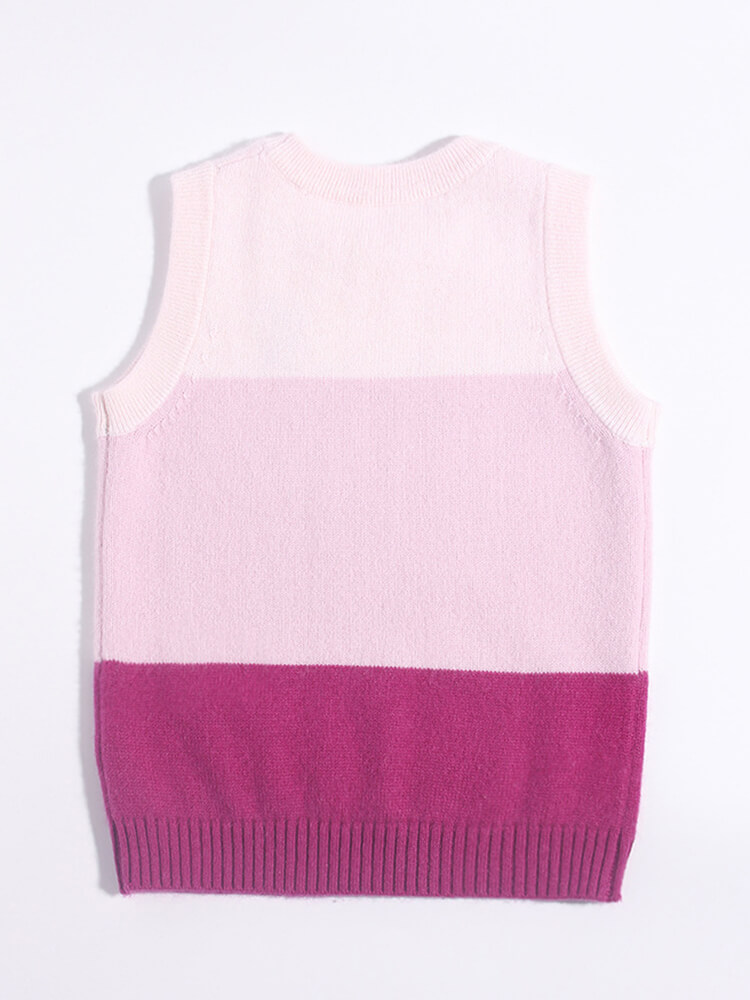 Girls Pink Gradient Colorblock Bunny Embroidered Cashmere Vest